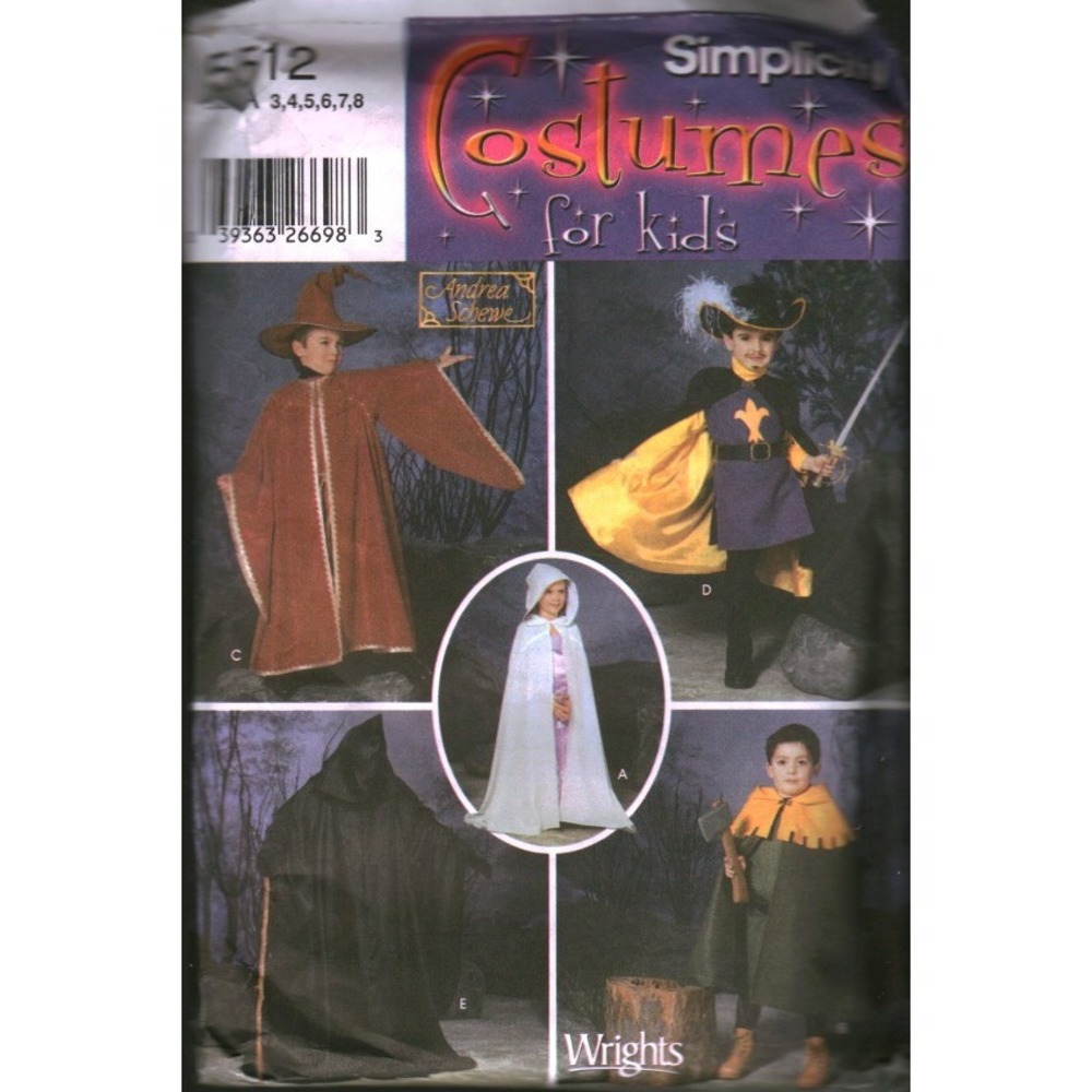 Simplicity 5512 Kids Costume Sewing Pattern Capes Tabard Hats Sizes 3-8 Wizard
